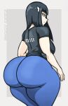  1girl biggy_deez black_hair blue_eyes blue_pants bubble_ass bubble_butt light-skinned_female light_skin police police_uniform policewoman 