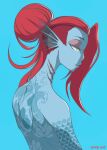 1girl 2010s 2018 2d alternate_hair_length alternate_hairstyle anthro anthro_only arm_tattoo artist_name ass back back_tattoo blue_background blue_body blue_skin breasts dated digital_media_(artwork) ear_fins eyepatch eyeshadow fang female_anthro female_only fins fish fish_girl fringe from_behind full_body_tattoo gills hair hair_bun half-closed_eyes head_fins high_res kehmy looking_down makeup marine monster monster_girl nipples non-mammal_breasts nude procreate_(medium) pussy red_hair sharp_teeth signature simple_background slit_pupils solo_anthro solo_female tattoo teeth undertale undertale_(series) undyne upper_body video_game_character yellow_eyes yellow_sclera yellow_teeth