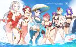  6+girls alluring bare_shoulders bikini black_bikini blue_bikini blue_hair blue_sky breasts byleth_(female)_(fire_emblem) byleth_(fire_emblem)_(female) byleth_(summer)_(fire_emblem)_(female) cleavage collarbone commentary covered_erect_nipples day edelgard_von_hresvelg edelgard_von_hresvelg_(summer) english_commentary eyewear_on_head fire_emblem fire_emblem:_three_houses fire_emblem_engage fire_emblem_heroes fire_emblem_warriors:_three_hopes flower forehead green_hair grey_hair hair_over_one_eye high_res hilda_valentine_goneril hilda_valentine_goneril_(summer) leaning_forward long_hair marianne_von_edmund marianne_von_edmund_(summer) monica_von_ochs multiple_girls navel nintendo off-shoulder_bikini off_shoulder official_alternate_costume official_alternate_hairstyle one-piece_swimsuit own_hands_together pink_hair puffy_short_sleeves puffy_sleeves purple_eyes purple_hair red_flower red_hair red_one-piece_swimsuit revision round_eyewear sarong shez_(fire_emblem) shez_(fire_emblem)_(female) shez_(summer)_(fire_emblem) short_sleeves silvercandy_gum sky sommie_(fire_emblem) standing stomach sunglasses swimsuit thighs water 