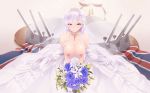  16:10_aspect_ratio 1girl areola azur_lane bangs belfast_(azur_lane) big_breasts blue_eyes blurry blurry_background blush bouquet braid breasts breasts_out_of_clothes bridal_veil bride cait cannon clavicle cleavage collar dress earrings eyebrows_visible_through_hair flower french_braid gloves gold gold_trim high_resolution holding holding_bouquet holding_object jewelry large_filesize long_hair looking_at_viewer machinery maid_headdress nipples rigging shiny shiny_skin sidelocks silver_collar silver_hair sitting smile strapless strapless_dress tiara tied_hair union_jack veil very_high_resolution wedding_dress white_dress 