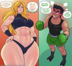 1boy 1girl 2d abs blonde_hair blue_eyes box boxing_gloves brown-skinned_male brown_skin clothed clothed_female cobatsart curvy english_text height_difference little_mac metroid mole mole_under_mouth muscle muscles muscular muscular_female muscular_thighs nintendo no_sex panties punch-out!! punch_out samus_aran size_difference smaller_male split_screen tagme taller_girl text thick_thighs twitter_link upset voluptuous