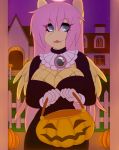 1girl 1girl 2018 anthro breasts cleavage clothed clothing equine fangs feathered_wings feathers fluttershy_(mlp) friendship_is_magic furry gif hair halloween holding_object holidays long_hair looking_at_viewer mammal my_little_pony pegasus tolsticot wings