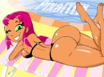 1girl ;) ;d ass big_ass bikini black_bikini dat_ass dc dc_comics edit green_eyes looking_at_viewer looking_back lying on_stomach pixaltrix pool poolside sexy shiny_skin starfire teen_titans wink