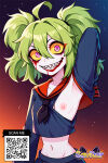  1girl 1girl 1girl ahoge ai_generated arm_behind_head armpits arms_up bangs black_sclera black_shirt black_skirt blood blood_from_eyes blood_on_face breasts clothing colored_sclera colored_skin crazy_eyes crazy_smile crop_top gradient green_hair grin hair_between_eyes littlehentai long_hair long_sleeves looking_at_viewer midriff multicolored_eyes navel neckerchief neckwear nipples open_mouth pink_eyes pleated_skirt ponytail red_sclera sailor_collar savitar savitar_(artist) school_uniform serafuku sharp_teeth shirt skirt small_breasts smile teeth tied_hair twin_tails uniform upper_body yellow_sclera 