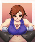  1girl 1girl alluring big_breasts brown_eyes brown_hair clothed gez1313 kazama_asuka male namco nipples nipples_visible_through_clothing shin_kamiya short_hair straight tekken 