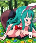  1girl 1girl 1girl all_fours animal_ears animal_tail aqua_hair ass bangs bare_shoulders big_breasts black_leotard black_pantyhose blue_eyes blue_hair blush bow bowtie breasts bulma_brief bunny_ears bunny_girl bunny_tail bunnysuit cleavage clothing detached_collar dragon_ball fake_animal_ears female_only flower forest legwear leotard long_hair looking_at_viewer lying nature open_mouth outside pantyhose playboy_bunny red_bow red_bowtie smile strapless strapless_leotard tail thighs tree wrist_cuffs 