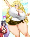  2_girls alternate_breast_size big_breasts black_hair blonde_hair blue_eyes breasts cleavage colette_brunel enormous_breasts fujibayashi_sheena gigantic_breasts happy hips huge_breasts huge_hips huge_thighs long_hair looking_at_viewer massive_breasts sheena_fujibayashi tales tales_of_(series) tales_of_symphonia thick_thighs thighs wide_hips 