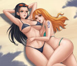  1girl 2_girls alluring beach big_breasts bikini black_bikini black_hair black_swimsuit blue_eyes female_only flowerxl green_bikini green_swimsuit long_hair midriff milf nami nami_(one_piece) navel nico_robin one_piece orange_eyes orange_hair outside sunglasses sunglasses_on_head swimsuit tattoo tattooed_arm yuri 