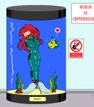  1boy 1girl alexanderlegrand ball_gag bondage bound chains disney english_text female femsub flounder fully_clothed gag heart_symbol male mermaid museum png princess_ariel text the_little_mermaid the_little_mermaid_(1989_film) underwater water water_tank 