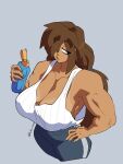  big_breasts brown_hair coolerinker dark_skin eyelashes hand_on_hip high_res inker_comics inkershike liz_(inkershike) long_hair muscular_female original original_character ponytail simple_background slim_waist sportswear tan_line tanktop 