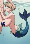  1boy 1girl ai_generated big_breasts bishoujo_senshi_sailor_moon blonde_hair fellatio female gigantic_breasts haruka_tenou huge_breasts irrumatio male male/female mermaid mermaid_tail mermaid_transformation navel nipple_tape sailor_uranus short_hair side_view solo_focus toonami underwater water 