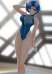  1girl alluring ami_mizuno bare_legs bikini bishoujo_senshi_sailor_moon blue_eyes blue_hair cleavage medium_breasts mizuno_ami nanashi_noiji one-piece_bikini rei_no_pool sailor_mercury short_hair swimming_pool 