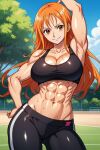 abs ai_generated armpits brown_eyes looking_at_viewer muscular_female nami nuggeto orange_hair sports_bra yoga_pants