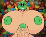 bearalphar34fan_v2 candy food food_creature futanari green_(m&m) huge_penis hyper_breasts looking_at_viewer m&m's tagme tan_skin