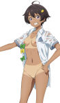 black_hair dark_skin grin looking_at_viewer make_heroine_ga_oo_sugiru! medium_breasts nekom14 nipples no_bra no_panties open_shirt purple_eyes pussy short_hair tan_line tomboy yakishio_lemon yakishio_remon