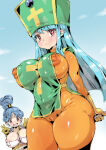  1girl 2023 2_girls areola areola_slip big_breasts bimbo blue_hair blue_vest bodysuit breasts cameltoe cleavage clothing cloud covered_navel cross double_v dragon_quest dragon_quest_iii expressionless eyebrows_visible_through_hair female_only gloves hair_ornament hat high_ponytail high_res holding_weapon huge_breasts jewelry long_hair looking_at_viewer merchant_(dq3) mitre multiple_girls nipple_bulge nipple_slip nipples open_clothes open_mouth open_vest orange_bodysuit outside petitdry pink_eyes ponytail priest_(dq3) red_eyes shirt short_ponytail skin_tight sky smile standing tabard thick_thighs thighs tied_hair tight_clothing tongue vest weapon white_shirt yellow_gloves 