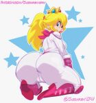 1girl 2022 ascot ass ass_focus big_ass blonde_hair blue_background blue_eyes bodysuit boots cameltoe chickpea clothing colored crown female_only full_body fully_clothed huge_ass kneel kneepads looking_at_viewer looking_back looking_over_shoulder mario_(series) nintendo open_mouth png ponytail presenting_hindquarters princess_peach signature simple_background skin_tight star star_background super_mario_bros._(2023_film) tight_clothing white_background