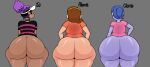  1girl 3_girls alexis_(craig_of_the_creek) ass ass_comparison ass_focus big_ass big_city_greens blue_hair bottomless brown_hair bubble_butt craig_of_the_creek crossover dark-skinned_female dark_skin dat_ass fat_ass female_only gloria_sato huge_ass jo_(kid_cosmic) kid_cosmic_(series) large_ass light-skinned_female light_skin massive_ass png purple_hair purple_skin rear_view shirt text thick_ass thick_thighs thunder_thighs trenchgazer wide_hips 