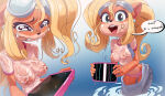  1girl 1girl 1girls activision anthro bandicoot big_breasts blonde_hair breasts clothing coco_bandicoot computer crash_(series) crying electronics eyewear female_only green_eyes hand_on_hip inker_comics inkershike looking_at_viewer nipples overalls panties ponytail see-through tablet thick_thighs wet wet_clothes wide_hips 