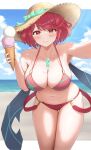  1girl 1girl absurd_res alluring alternate_costume beach big_breasts bikini blue_sky cleavage food hat heroine high_res ice_cream nintendo ocean pyra red_eyes sun_hat swimsuit taro_(peach_taro51) xenoblade_(series) xenoblade_chronicles_2 