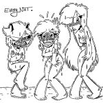  3_girls 3girls angry black_and_white breasts completely_nude covering eddy_nat embarrassed embarrassed_nude_female embarrassing enf monster monster_girl naked nude nude_female oc original_character 