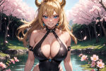 1girl 1girl ai_art ai_generated blonde_hair blue_eyes bowsette breasts chains crown daytime deviantart earrings female_focus female_only horns huge_breasts latex_swimsuit looking_at_viewer sideboob smile solo_female standing swimsuit teeth walking