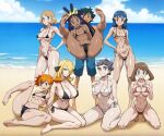  1boy 7girls ash_ketchum beach big_breasts bikini black_hair blonde_hair blue_eyes blue_hair blue_sky brown_eyes brown_hair cynthia_(pokemon) dawn dawn_(pokemon) diantha green_eyes grey_eyes harem iris_(pokemon) may medium_breasts misty misty_(pokemon) nintendo ocean orange_hair pokemon pokemon_(anime) serena_(pokemon) small_breasts swimming_trunks yxyyxy 