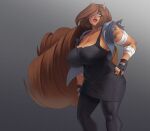 bandaged_arm big_breasts brown_hair coolerinker dark-skinned_female dark_skin extremely_long_hair eyelashes fingerless_gloves gloves hand_on_hip high_res horns inker_comics inkershike leggings liz_(inkershike) long_hair muscular_female original original_character simple_background slim_waist thick_lips voluptuous wide_hips