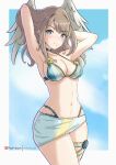  1girl 1girl absurd_res alluring arms_up artist_name bikini blue_eyes breast_tattoo brown_hair chascoby cleavage eunie_(xenoblade) head_wings high_res looking_at_viewer navel official_alternate_costume patreon_logo patreon_username sarong smile stomach swimsuit tattoo wings xenoblade_(series) xenoblade_chronicles_3 