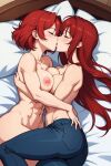 2_girls abs ai_generated armpits blue_eyes breasts jeans kissing nipples nuggeto pussy red_hair topless yuri