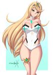 1girl alluring bare_legs big_breasts bikini blonde_hair cleavage female_only mythra nintendo one-piece_bikini pin_up sonicheroxd swimsuit xenoblade_(series) xenoblade_chronicles_2 yellow_eyes