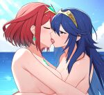 2_girls ai_generated beach crossover fire_emblem fire_emblem_awakening french_kiss kissing lucina lucina_(fire_emblem) nintendo pyra pyra_(xenoblade) super_smash_bros. tagme yuri