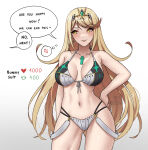 1girl adapted_costume alluring bare_shoulders big_breasts bikini blonde_hair blush core_crystal_(xenoblade) earrings english_text headpiece jewelry long_hair meme mythra nintendo ryuuneart swept_bangs swimsuit tiara twitter_strip_game_(meme) very_long_hair xenoblade_(series) xenoblade_chronicles_2 yellow_eyes