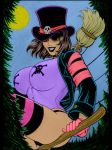 1girl big_breasts blue_lipstick breasts broomstick brown_hair glasses gloves hat jacket leggings moon night panties rplatt shirt skull smile teeth thick_thighs thighs tree witch