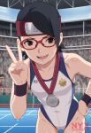 1girl bare_legs black_hair boruto:_naruto_next_generations grey_eyes leotard naruto nyxworks peace_gesture sarada_uchiha silver_medal small_breasts solo_focus tagme v