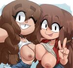  2_girls areola big_breasts big_breasts brown_hair clothed_female coolerinker dan_(inker_comics) happy inker_comics inkershike mona_(inker_comics) multiple_girls necklace nipples original_character shirt_lift smile tongue_out yuri 