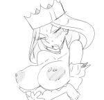 1girl angry areola arms_crossed big_breasts black_and_white blush breast_hold breasts coolerinker crown embarrassed exposed_breasts female_only half-dressed high_res inker_comics inkershike milf monochrome nipples ousama_ranking pointy_nose puffy_nipples queen queen_hilling ranking_of_kings royalty sketch sweat