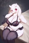 1girl 2:3 2d 2d_(artwork) anthro anthro_only ass bed big_breasts black_bra black_legwear black_panties black_stockings black_thighhighs blush boss_monster bovid bra breasts caprine chubby chubby_female cleavage clothing digital_media_(artwork) female_anthro female_only floppy_ears fur furniture furry furry_female furry_only garter_belt garter_straps goat goat_ears goat_girl goat_horns gold_ring hand_up high_res horn horns jewelry legwear lingerie looking_at_viewer mammal mature mature_anthro mature_female milf monster monster_girl navel nipples open_mouth overweight overweight_anthro overweight_female panties plump pussy red_eyes ring sitting small_horns smile solo_anthro solo_female stockings thigh-highs thighhighs thighs toriel undertale undertale_(series) underwear underwear_only video_game_character video_games white_body white_fur whooo-ya