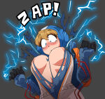  apex_legends big_breasts blue_eyes blush blush_lines breast_expansion breast_squeeze breast_squish breasts breasts_out coolerinker eyebrows_visible_through_hair inker_comics inkershike nipples simple_background tight_clothing wardrobe_malfunction wattson_(apex_legends) yellow_eyes 