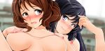 2_girls big_breasts bikini black_hair blurry blurry_background blush breast_press breasts breasts_apart brown_eyes brown_hair closed_mouth embarrassed erect_nipples erect_nipples_under_bikini erect_nipples_under_clothes female_only hand_up hibike!_euphonium high_resolution hugged_from_behind hugging kousaka_reina long_hair looking_at_another medium_hair micro_bikini multiple_girls nanashi_noiji nipples nose_blush nude open_mouth oumae_kumiko portrait purple_eyes small_breasts smile staring streaked_hair swimsuit very_high_resolution wavy_hair yuri