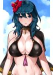  1girl big_breasts black_swimsuit blue_eyes byleth_(fire_emblem) byleth_(fire_emblem)_(female) byleth_(summer)_(fire_emblem)_(female) fire_emblem fire_emblem:_three_houses flower_in_hair looking_at_viewer oniisan02b swimsuit teal_hair yotsuhauni 