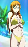  1girl alluring anime_style auburn_hair beach beach_background big_breasts bikini bikini_bottom bikini_top bleach breasts cleavage color colored doujin doujin_cover grey_eyes inoue_orihime lingerie nipples nipples_visible_through_clothing oldhorrorz orange_hair panties 