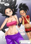  2_girls black_hair black_shorts caulifla dragon_ball dragon_ball_super earrings female_pervert kale_(dragon_ball) miniskirt pervert red_skirt sex_invitation sexually_suggestive shorts skirt smile 