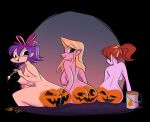  3_girls ass blonde_hair bodypaint bow breast bubble_butt funny halloween jack-o&#039;-lantern long_hair looking_back multiple_girls nipples nude paint ponytail pumpkin pumpkin_butt purple_hair red_hair short_hair sitting sitting_down sodano_(artist) 