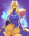 1girl 2018 anthro big_breasts breasts canine cherrikissu clothed clothing clothing_lift cosplay delta_rune_(emblem) digital_media_(artwork) dog dogmom_(cherrikissu) english_text food high_res holding_food holding_object looking_at_viewer mabel_(cherrikissu) mammal mature_female original oven_mitt pie pussy saluki signature smile text thick_thighs toriel_(cosplay) undertale video_games