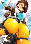 1girl ass big_ass big_breasts bodysuit bomber_jacket breasts brown_hair cameltoe ear_piercing from_behind gun happy huge_ass jacket large_breasts lena_oxton looking_back one_leg_up open_mouth overwatch short_hair sideboob skin_tight snow thick_ass tracer_(overwatch) visor weapon