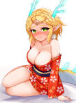  1girl 1girl alluring alternate_costume ayatori_(aytr) bare_shoulders big_breasts black_sash blonde_hair blush braid circlet cleavage collarbone commentary_request crown_braid dragon_horns dragon_tail earrings green_eyes high_res horns japanese_clothes jewelry kimono light_smile long_hair looking_at_viewer nintendo nose_blush obi pointy_ears princess_zelda red_kimono sash simple_background sitting tail the_legend_of_zelda the_legend_of_zelda:_tears_of_the_kingdom white_background 