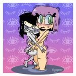  1girl 2_girls black_hair blush breasts eddy_nat ellie_(eddy_nat) embarrassed embarrassed_nude_female embarrassing enf gif goth goth_(eddy_nat) goth_girl gray_skin green_eyes holding_each_other holding_partner m multiple_girls nude purple_hair pussy shivering 