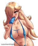 1girl alluring artist_name bikini blonde_hair blue_bikini blue_swimsuit female_only leonart leonhenthighs licking_popsicle mario_(series) nintendo no_background open_mouth popsicle princess_rosalina rosalina sling_bikini white_background