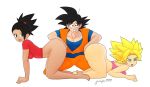  1boy 2_girls ass black_hair blonde_hair caulifla dark-skinned_female dark_skin doggy_position dragon_ball dragon_ball_super female_sub fingering group_sex hetero interracial kale kale_(dragon_ball) masturbation orgy son_goku submission three_eyes 